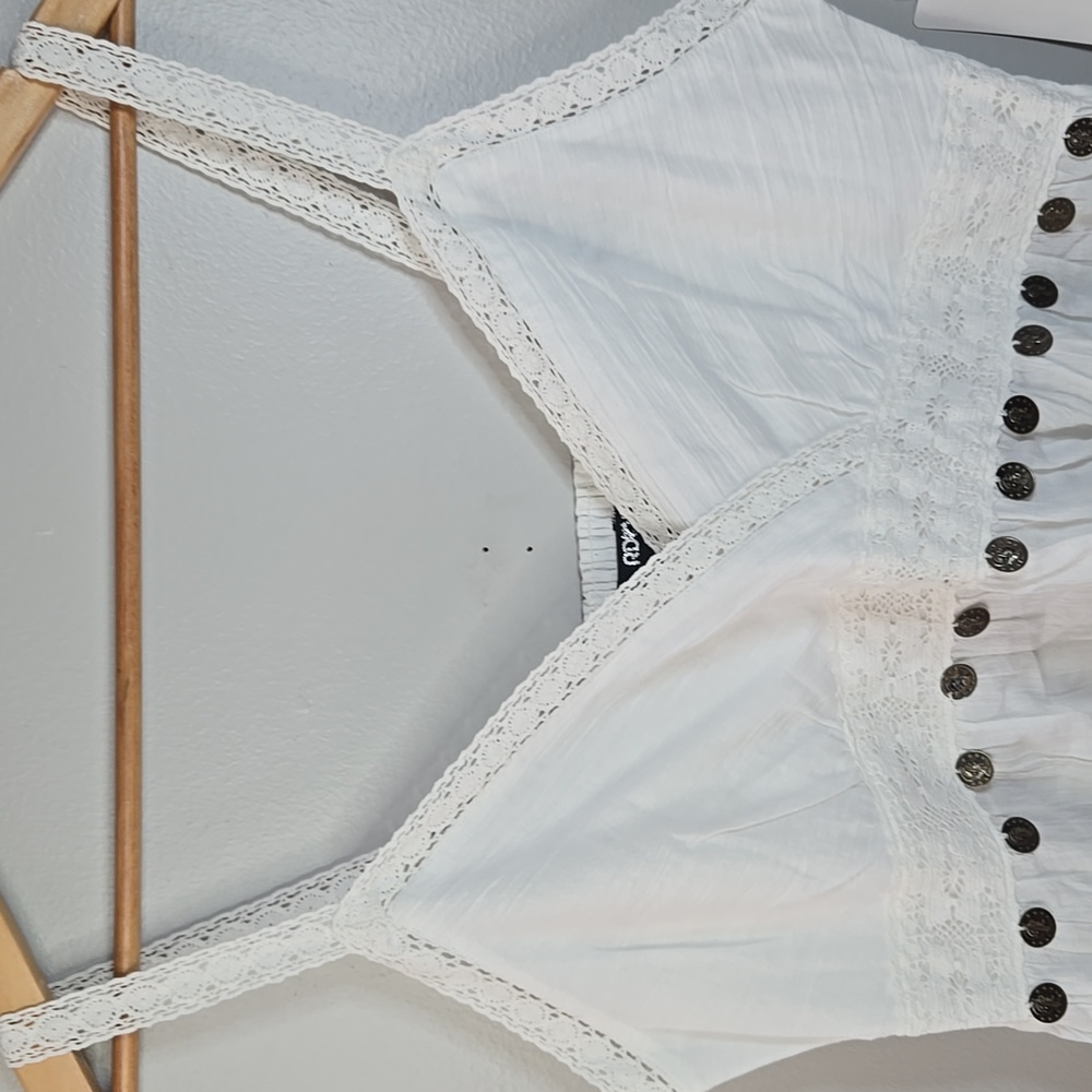 RDoll Size Small/Medium Babydoll White Lace Gauzy Coin Embellished Tank Top